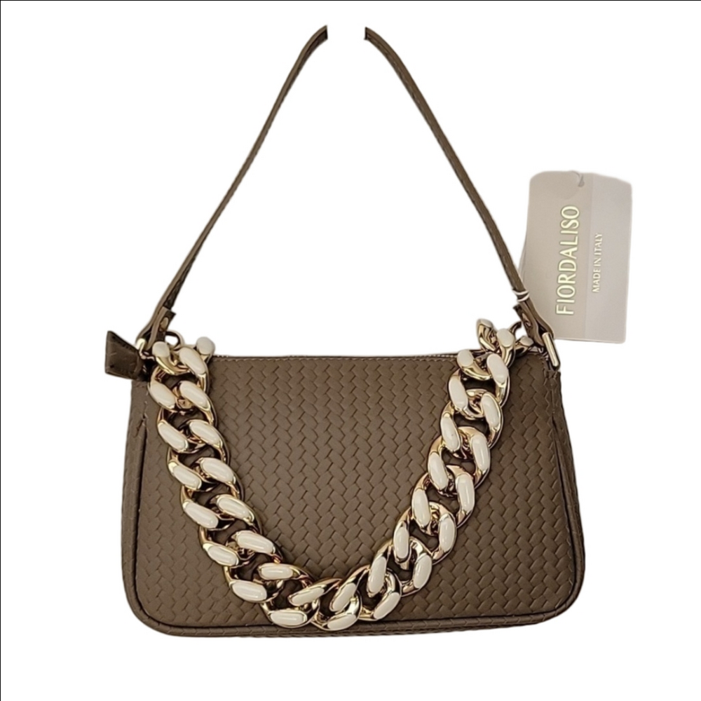 Italian Leather FIORDALISO Chain Strap Top Handle Bag Baguette Woven Foam Green